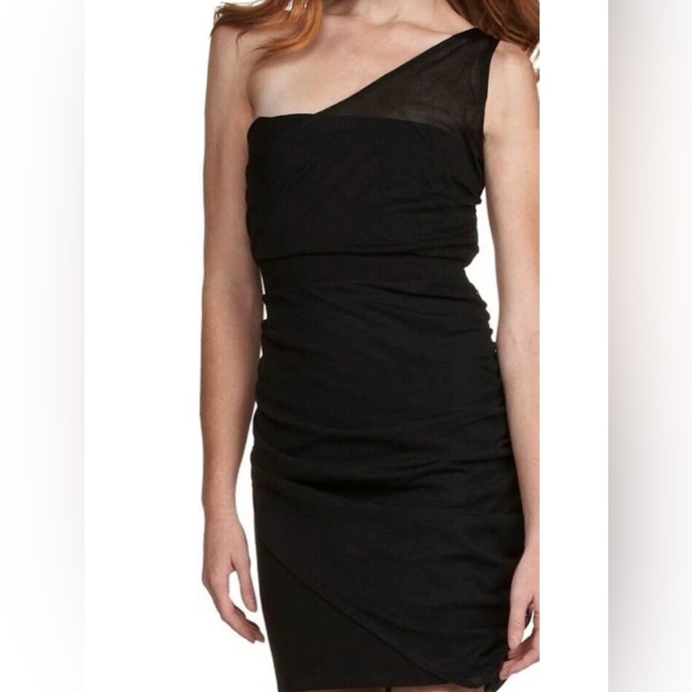 NWT CYNTHIA STEFFE Black MESH ILLUSION One Shoulder Ruched Size XS